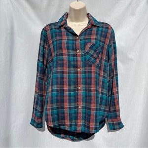 AEO Soft Plaid Flannel Boyfriend Fit Turquoise Rust Button Down Shirt - Size XS